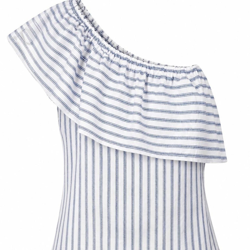 H&M blue white stripe 1 shoulder cotton linen blend short top Coastal nautical 6